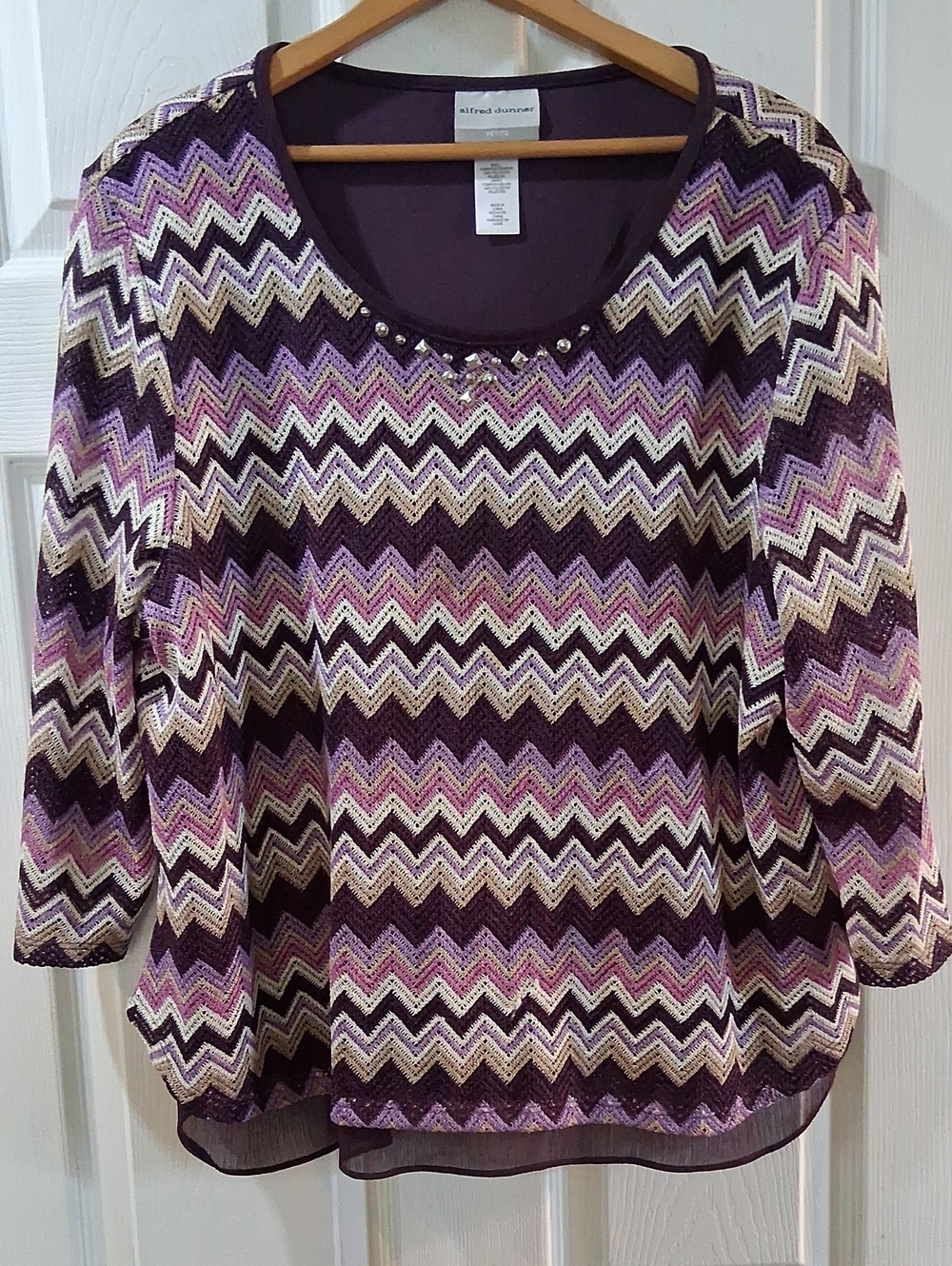 Alfred Dunner Purple, Pink and Cream Chevron Knit Top with Beaded Neck